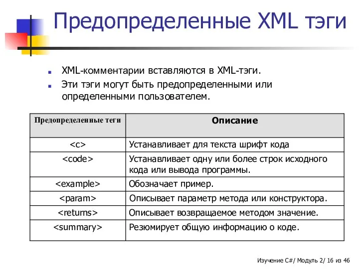 Предопределенные XML тэги XML-комментарии вставляются в XML-тэги. Эти тэги могут быть предопределенными или определенными пользователем.