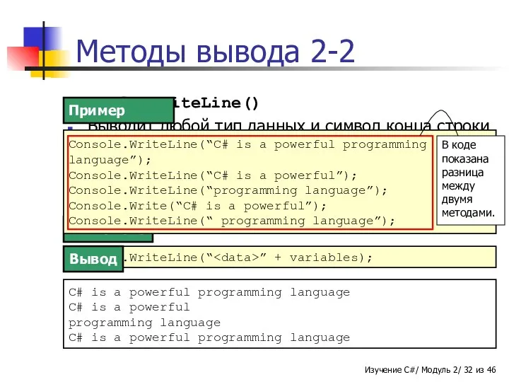 Методы вывода 2-2 Console.WriteLine() Выводит любой тип данных и символ конца