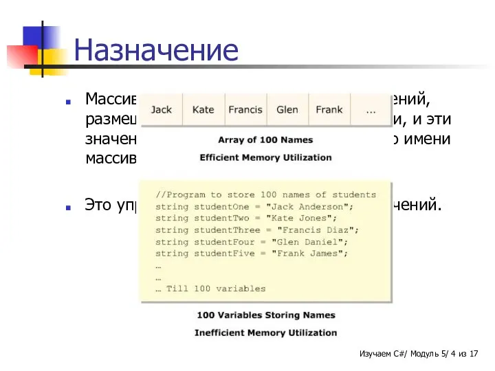 Назначение Массив - это коллекция связанных значений, размещенных в соседних ячейках