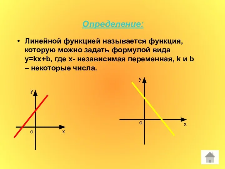 Определение: Линейной функцией называется функция, которую можно задать формулой вида у=kx+b,