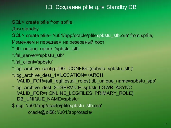 1.3 Создание pfile для Standby DB SQL> create pfile from spfile;