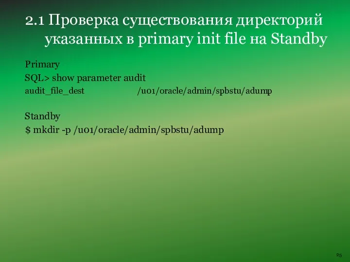 Primary SQL> show parameter audit audit_file_dest /u01/oracle/admin/spbstu/adump Standby $ mkdir -p