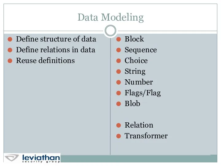 Data Modeling Define structure of data Define relations in data Reuse