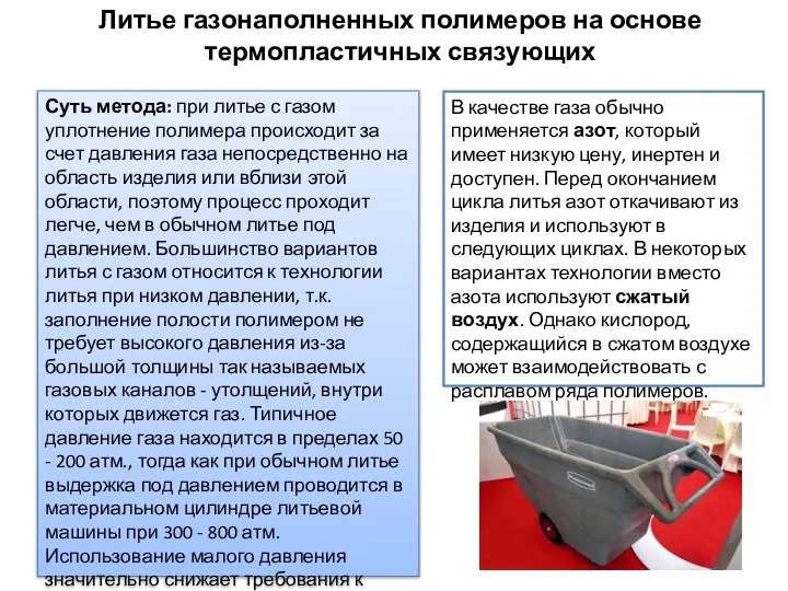 Литье газонаполненных полимеров на основе термопластичных связующих Суть метода: при литье