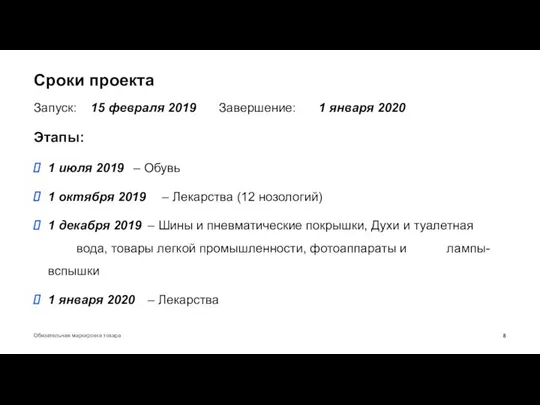 Сроки проекта Запуск: 15 февраля 2019 Завершение: 1 января 2020 Этапы: