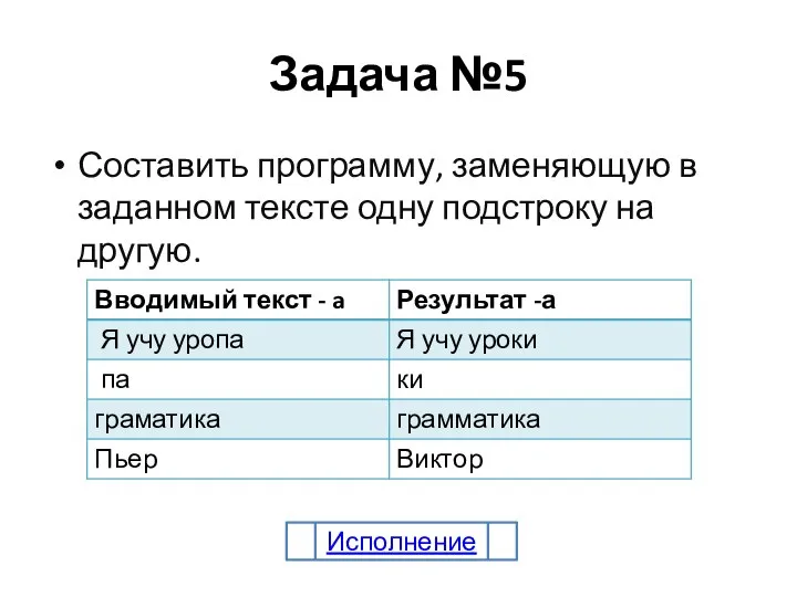 Задача №5 Составить программу, заменяющую в заданном тексте одну подстроку на другую. Исполнение