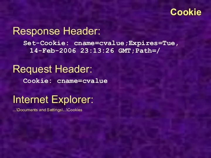 Cookie Response Header: Set-Cookie: cname=cvalue;Expires=Tue, 14-Feb-2006 23:13:26 GMT;Path=/ Request Header: Cookie: