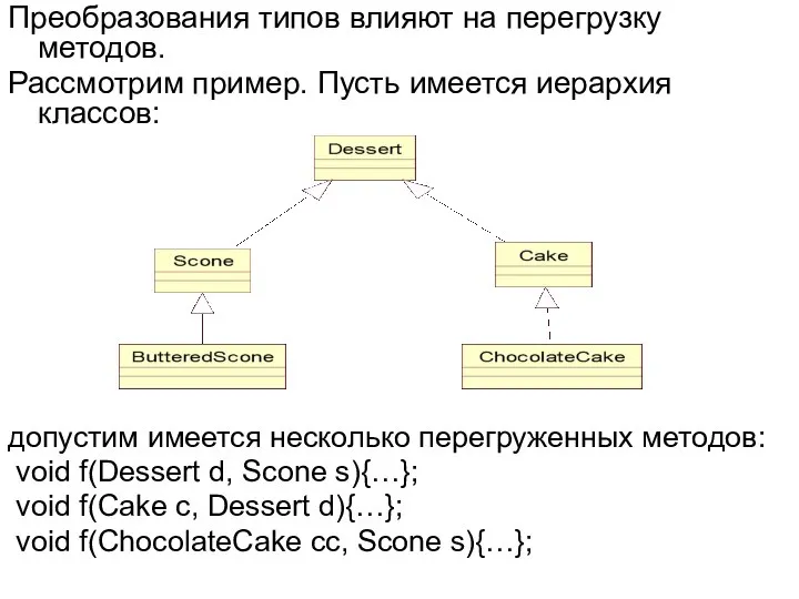 Преобразования типов влияют на перегрузку методов. Рассмотрим пример. Пусть имеется иерархия