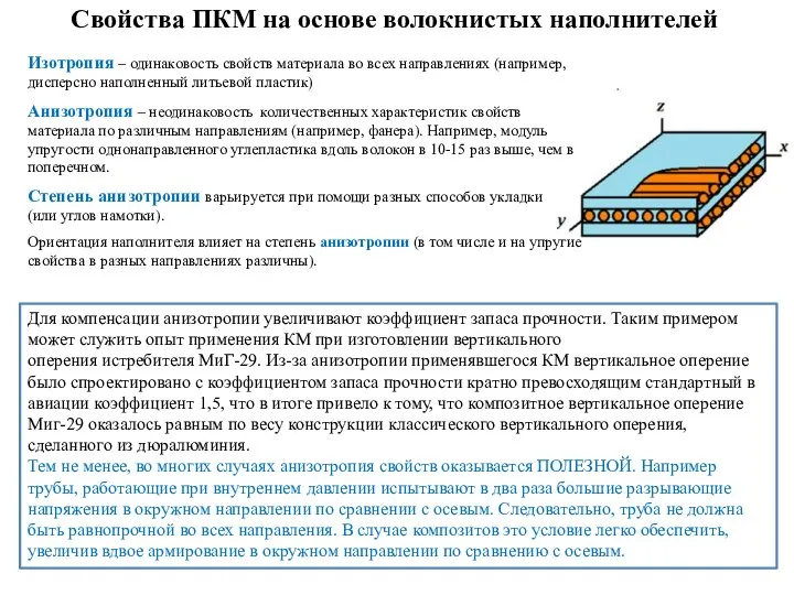 Свойства ПКМ на основе волокнистых наполнителей Для компенсации анизотропии увеличивают коэффициент