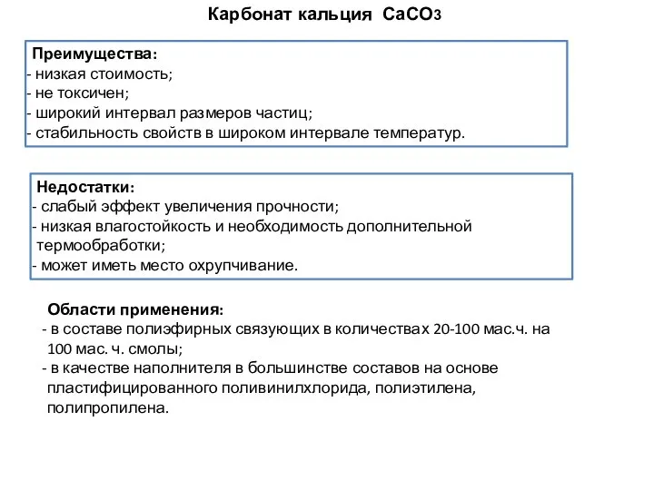 Карбонат кальция CaCO3 Преимущества: низкая стоимость; не токсичен; широкий интервал размеров