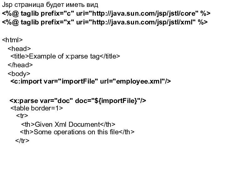 Jsp страница будет иметь вид Example of x:parse tag Given Xml