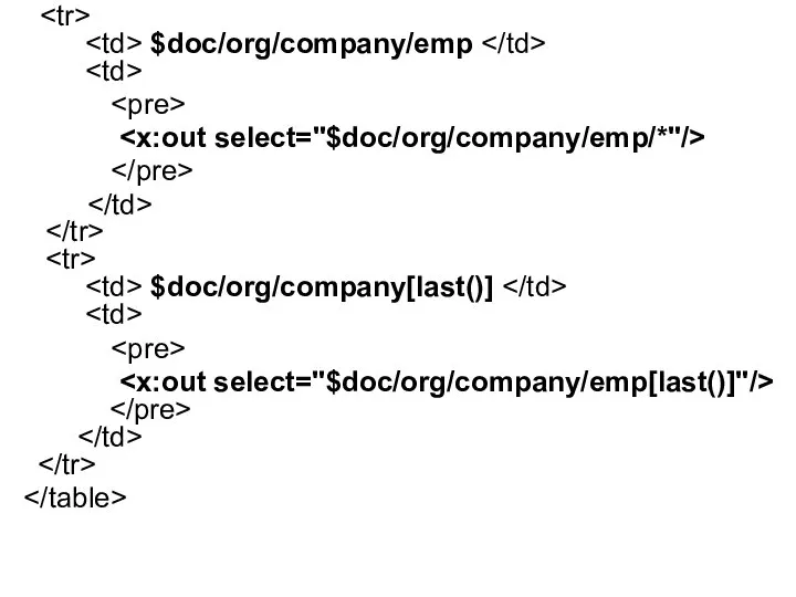 $doc/org/company/emp $doc/org/company[last()]