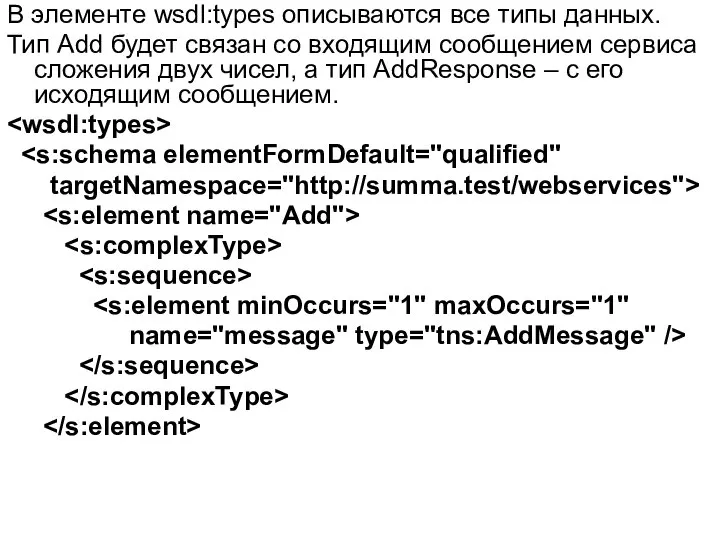 В элементе wsdl:types описываются все типы данных. Тип Add будет связан