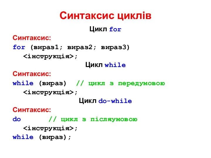 Синтаксис циклів Цикл for Синтаксис: for (вираз1; вираз2; вираз3) ; Цикл