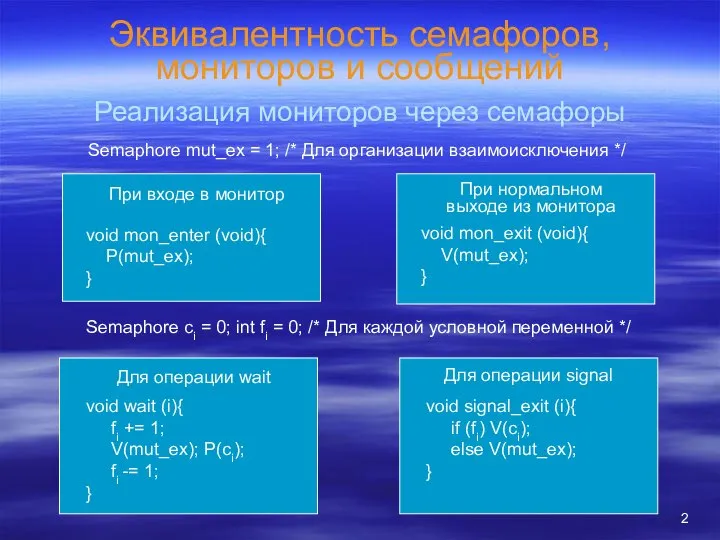 Эквивалентность семафоров, мониторов и сообщений Реализация мониторов через семафоры Semaphore mut_ex