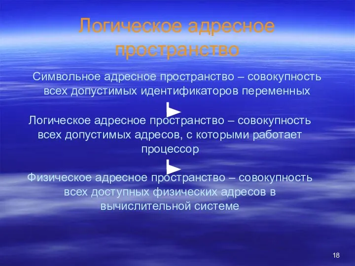 Логическое адресное пространство Символьное адресное пространство – совокупность всех допустимых идентификаторов