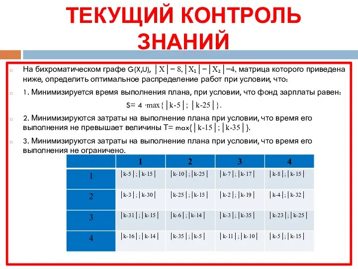 ТЕКУЩИЙ КОНТРОЛЬ ЗНАНИЙ На бихроматическом графе G(X,U), │Х│= 8,│Х₁│=│Х₂│=4, матрица которого