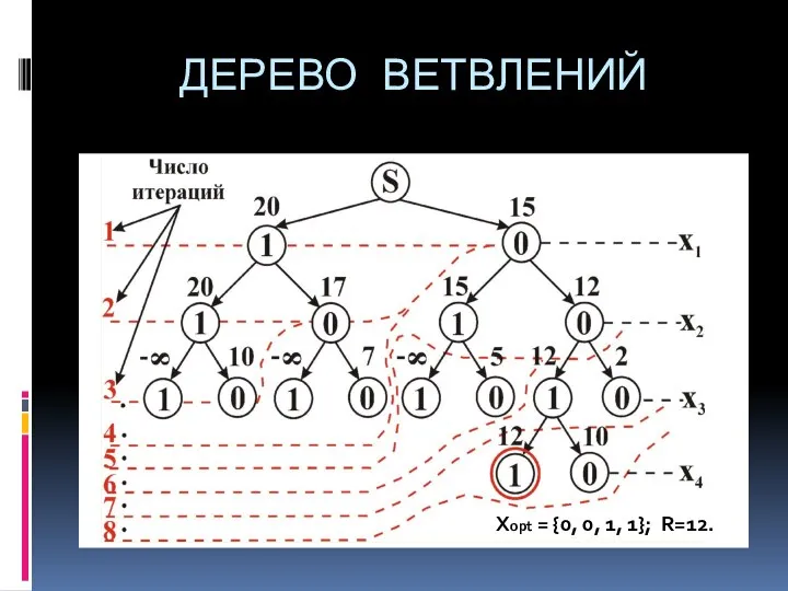 ДЕРЕВО ВЕТВЛЕНИЙ XXopt = {0, 0, 1, 1}; R=12.