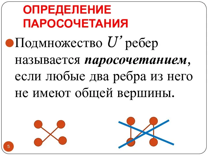 ОПРЕДЕЛЕНИЕ ПАРОСОЧЕТАНИЯ Подмножество U’ ребер называется паросочетанием, если любые два ребра