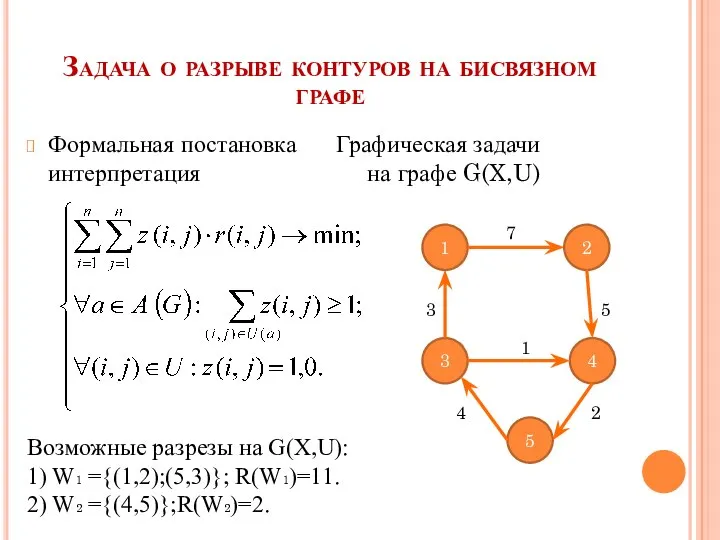 Задача о разрыве контуров на бисвязном графе Формальная постановка Графическая задачи