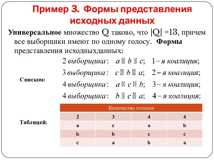 Пример 3. Формы представления исходных данных Универсальное множество Q таково, что