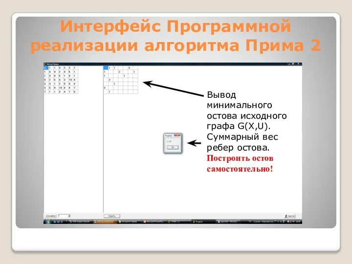 Интерфейс Программной реализации алгоритма Прима 2 Вывод минимального остова исходного графа