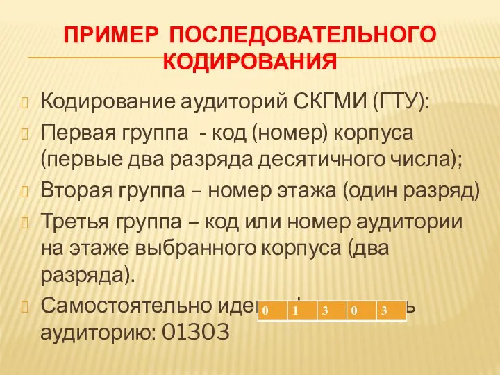 ПРИМЕР ПОСЛЕДОВАТЕЛЬНОГО КОДИРОВАНИЯ Кодирование аудиторий СКГМИ (ГТУ): Первая группа - код