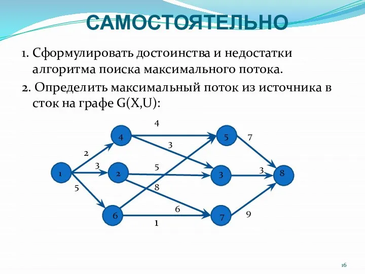 САМОСТОЯТЕЛЬНО 1. Сформулировать достоинства и недостатки алгоритма поиска максимального потока. 2.