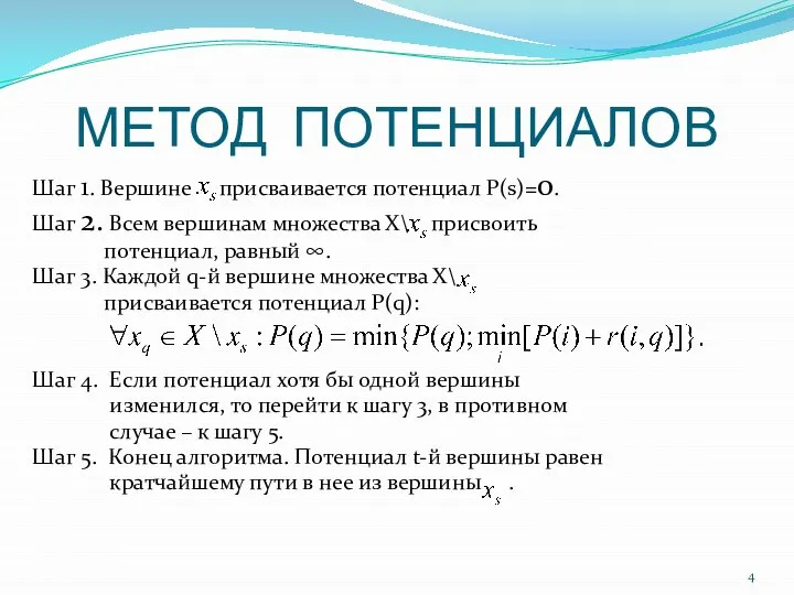 МЕТОД ПОТЕНЦИАЛОВ Шаг 1. Вершине присваивается потенциал P(s)=0. Шаг 2. Всем