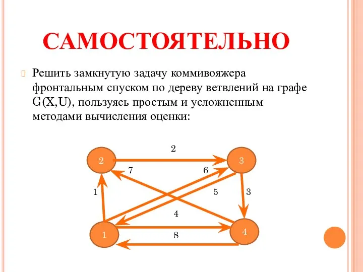 САМОСТОЯТЕЛЬНО Решить замкнутую задачу коммивояжера фронтальным спуском по дереву ветвлений на