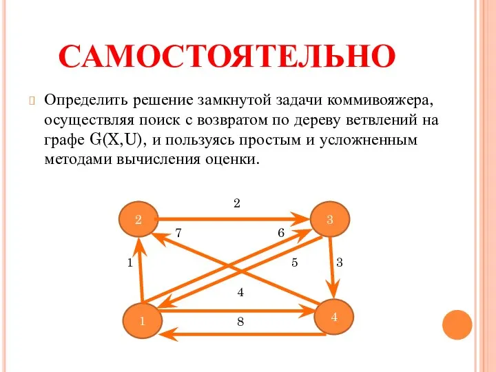 САМОСТОЯТЕЛЬНО Определить решение замкнутой задачи коммивояжера, осуществляя поиск с возвратом по