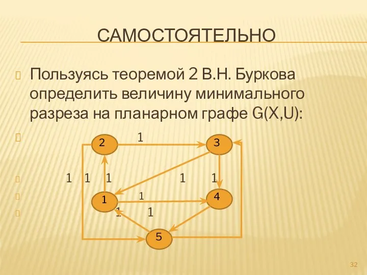 САМОСТОЯТЕЛЬНО Пользуясь теоремой 2 В.Н. Буркова определить величину минимального разреза на