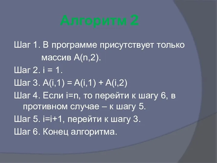 Алгоритм 2 Шаг 1. В программе присутствует только массив A(n,2). Шаг