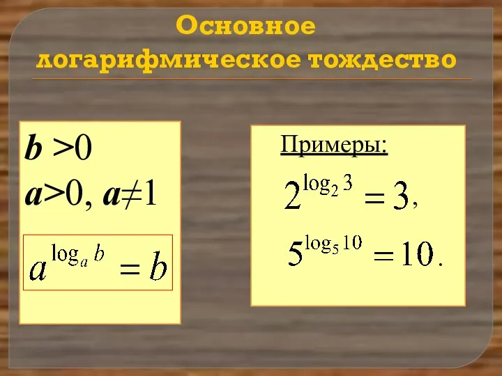 Основное логарифмическое тождество b >0 a>0, a≠1 Примеры: , .