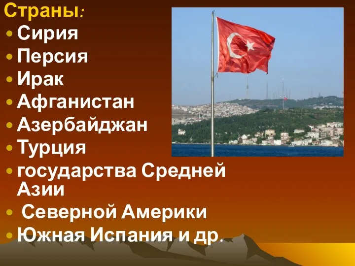 Страны: Сирия Персия Ирак Афганистан Азербайджан Турция государства Средней Азии Северной Америки Южная Испания и др.