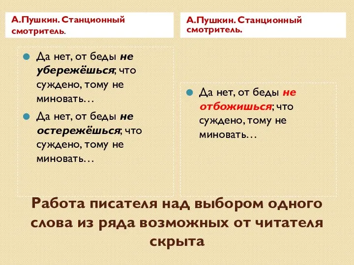 Работа писателя над выбором одного слова из ряда возможных от читателя