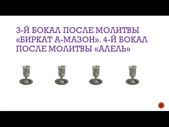 3-Й БОКАЛ ПОСЛЕ МОЛИТВЫ «БИРКАТ А-МАЗОН». 4-Й БОКАЛ ПОСЛЕ МОЛИТВЫ «АЛЕЛЬ»