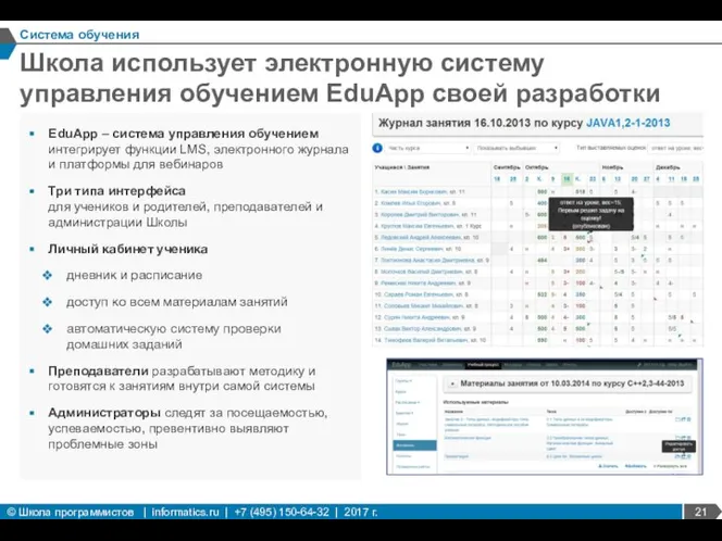 Школа использует электронную систему управления обучением EduApp своей разработки Система обучения