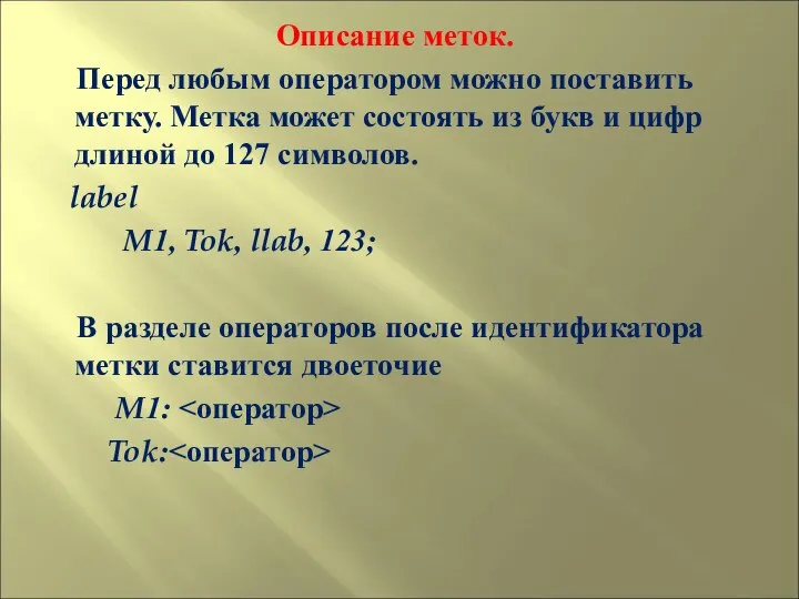 Описание меток. Перед любым оператором можно поставить метку. Метка может состоять