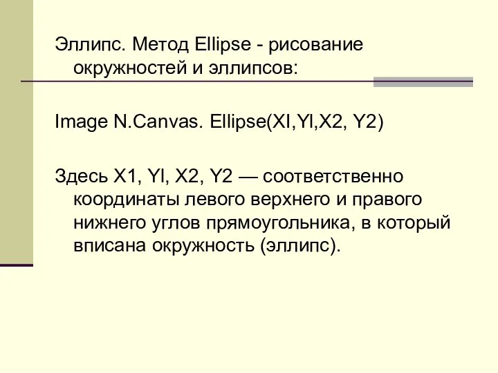 Эллипс. Метод Ellipse - рисование окружностей и эллипсов: Image N.Canvas. Ellipse(XI,Yl,X2,