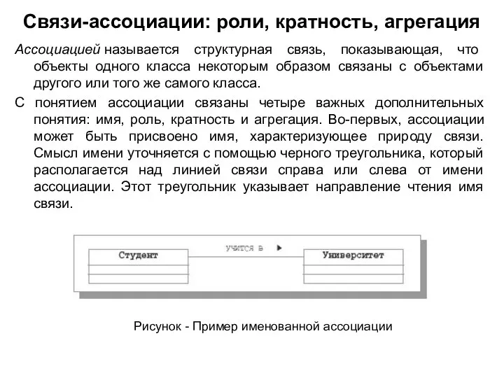 Связи-ассоциации: роли, кратность, агрегация Ассоциацией называется структурная связь, показывающая, что объекты