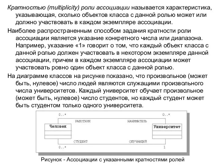 Кратностью (multiplicity) роли ассоциации называется характеристика, указывающая, сколько объектов класса с