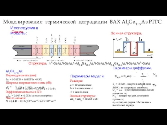 Моделирование термической деградации ВАХ AlxGa1−xAs РТГС Исследуемая модель: Схема: Зонная структура: