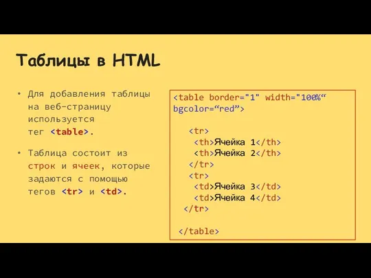 Таблицы в HTML Для добавления таблицы на веб-страницу используется тег .