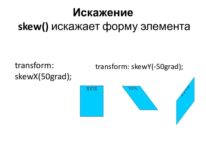 Искажение skew() искажает форму элемента transform: skewX(50grad); transform: skewY(-50grad);