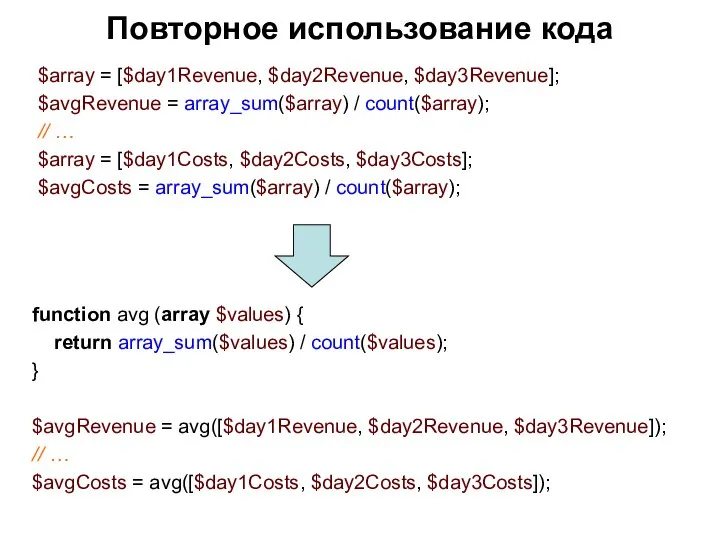 Повторное использование кода $array = [$day1Revenue, $day2Revenue, $day3Revenue]; $avgRevenue = array_sum($array)