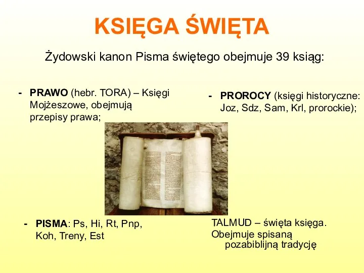 KSIĘGA ŚWIĘTA Żydowski kanon Pisma świętego obejmuje 39 ksiąg: PRAWO (hebr.