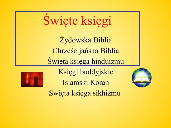 Żydowska Biblia Chrześcijańska Biblia Święta księga hinduizmu Księgi buddyjskie Islamski Koran Święta księga sikhizmu