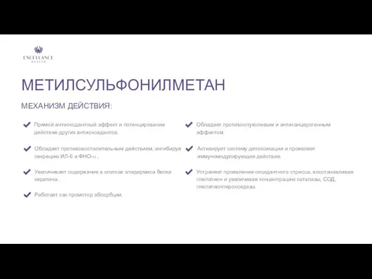 МЕТИЛСУЛЬФОНИЛМЕТАН МЕХАНИЗМ ДЕЙСТВИЯ: Прямой антиоксдантный эффект и потенцирование действия других антиоксидантов.