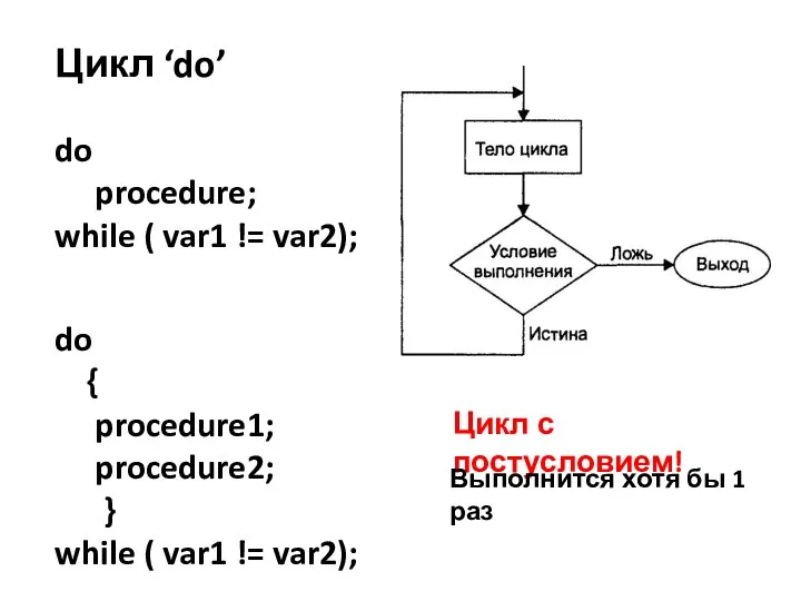 Цикл ‘do’ do procedure; while ( var1 != var2); do {